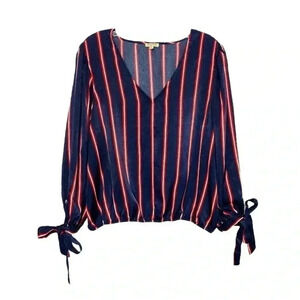 Lily White Striped V-Neck Ribbon Tie Blouse
